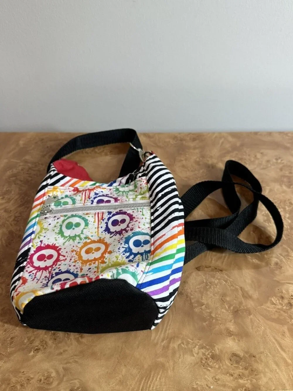 Y2K Rainbow Skull Paint Splatter Zebra Stripe Crossbody Bag Emo Scene Goth Punk